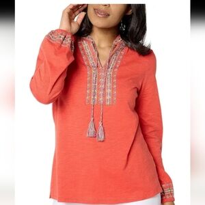 🦋Belle by Kim Gravel Coral Embroidered Tassel V-Neck Tunic